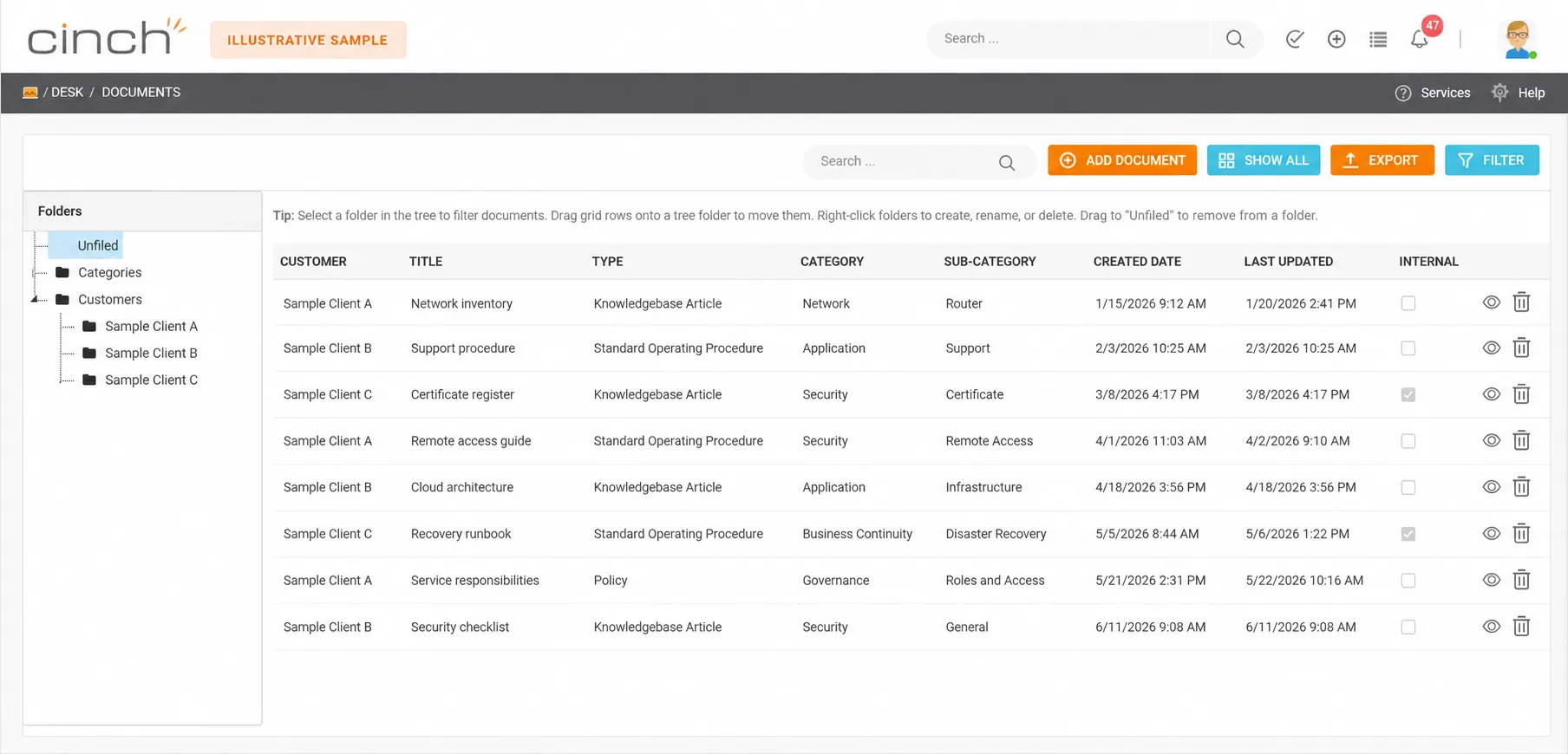 Illustrative Cinch documents with fictional sample information