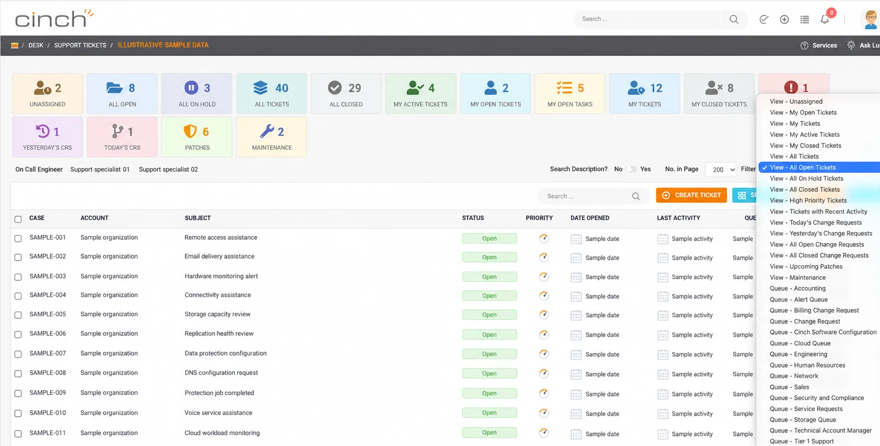 Illustrative Cinch support tickets screen with fictional client data